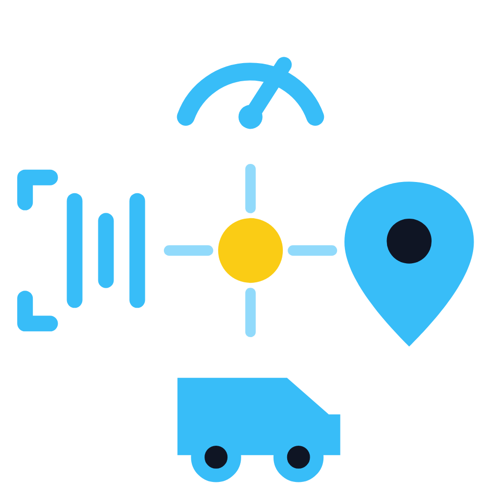 Ícono de ISP Control: un nodo central conectado a un panel, un mapa, una camioneta y una etiqueta de inventario